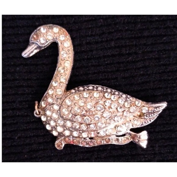 Vintage Silver Rhinestone Metal Swan Bird Brooch Pin 2" - Picture 1 of 6